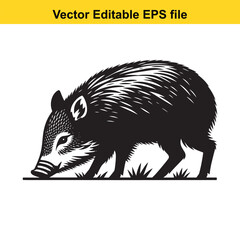 Black and white illustration of a peccary foraging