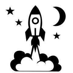 A clean and bold black-and-white rocket launch illustration. 
