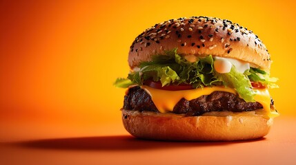 Juicy Hamburger with Sesame Bun, Melted Cheese, and Lettuce on Orange Background – Dramatic Food Photography, layers of beef, lettuce, cheese, and oozing sauce,