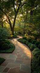 Obraz premium Sunlit Stone Pathway Winding Through Lush Green Forest Garden Landscape