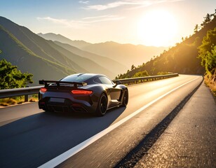 Fototapeta premium Sporty car on mountain road at sunset