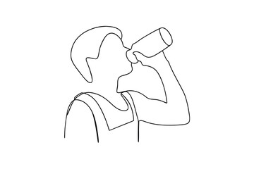 Line drawing person drinking from bottle minimalist illustration