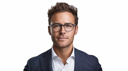 perfectly composed portrait of a businessman wearing glasses and a sleek new blue  suit