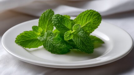 Fresh Mint Leaves on a White Plate