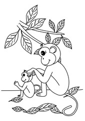 family monkey, mama monkey search lice on kid, coloring book