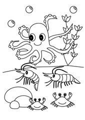 cartoon octopus under the sea, coloring book for children