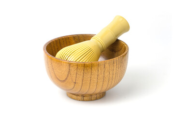 Traditional Wooden Bowl with Bamboo Whisk Isolated on White Background