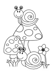 snails with fungus, coloring book for children, comic