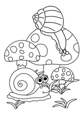 Snails and mushroom, coloring book for children, comic