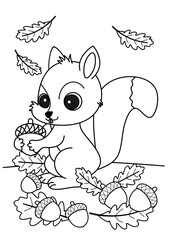 Squirrel collecting acorns in autumn, coloring book for children