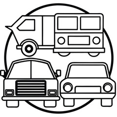This truck icon set features various vehicle illustrations including cars, vans, buses, and delivery trucks, ideal for transport and automobile design