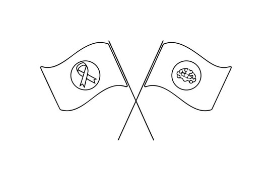 Crossed flags line drawing brain cancer awareness ribbon