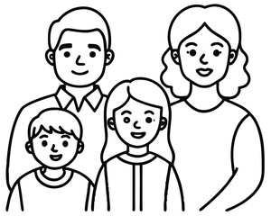 Happy family of four, including a mother, father, boy, and girl, smiling together in a fun, loving silhouette vector illustration