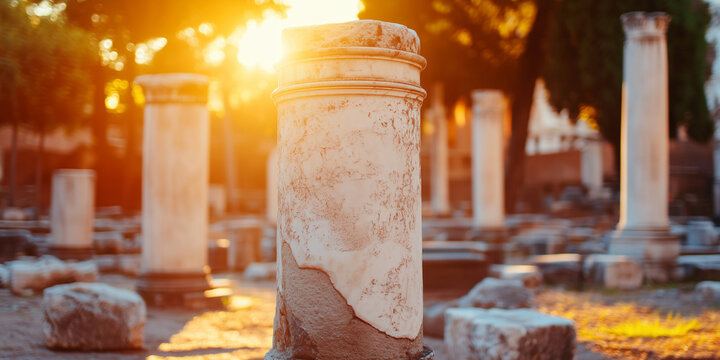 Ancient white marble ruins with classical columns. Historical architecture and heritage concept. Image for poster and wallpaper with copy space.