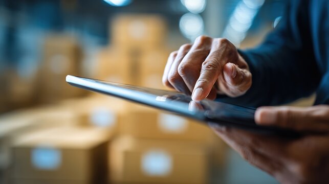 Warehouse worker using tablet for inventory management