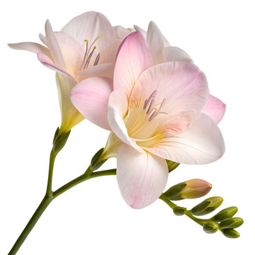 Delicate pink freesia blossoms isolated on transparent background, fresh spring flowers, floral bouquet, soft pastel tones