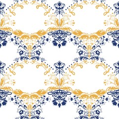 Seamless folk-style floral pattern in navy blue and golden yellow on white, featuring ornamental flowers, symmetrical motifs, and elegant circular spaces for text or decoration