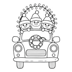 Cheerful Holiday Friends Riding in a Car with Christmas Lights Coloring Page