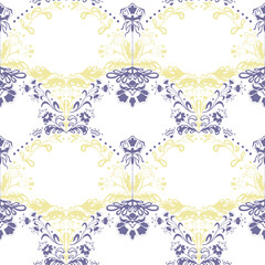 Elegant floral seamless pattern in soft yellow and lavender tones on white background, ideal for textiles, wallpaper, and stationery with a romantic vintage touch.