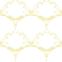 Delicate seamless pattern featuring soft yellow floral motifs arranged in ornamental arches on a clean white background, evoking vintage and Scandinavian folk styles.