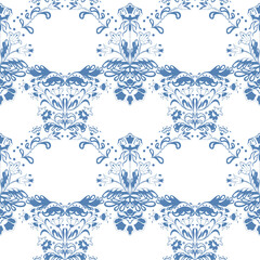 Elegant seamless pattern of blue floral and botanical motifs on a white background, inspired by traditional folk art and vintage decorative design.