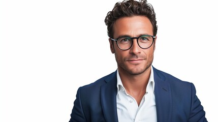 perfectly composed portrait of a businessman wearing glasses and a sleek new blue  suit