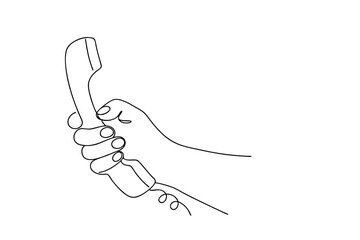 Hand holding retro telephone receiver line drawing illustration