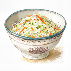 Hand-drawn coleslaw in a vintage bowl in retro line art style for classic recipe illustration or nostalgic menu design

