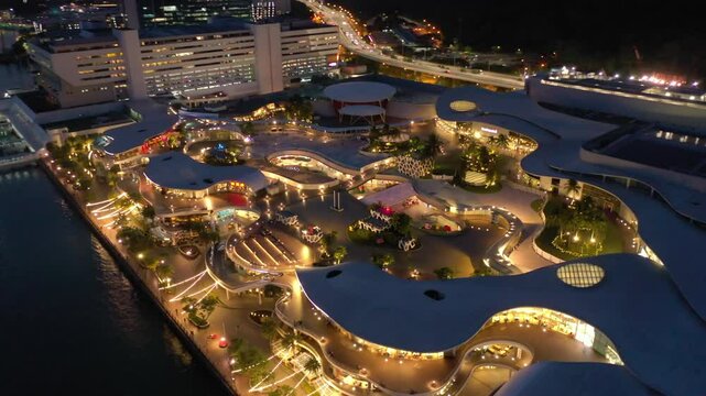 sunset sky singapore city sentosa island district bay modern mall square aerial topdown panorama 4k 