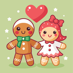 Cute Gingerbread Couple Holding Hands with Heart and Stars on Green Background