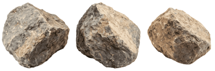 Three rough gray rocks isolated on transparent background