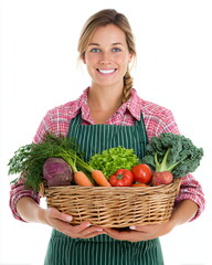 woman in apron holding basket of fresh vegetables, white background