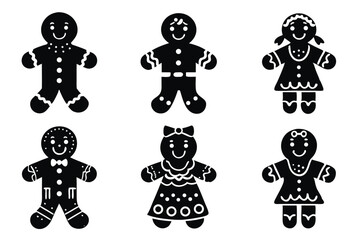 Black and white gingerbread cookies in various shapes and decorations for the holidays