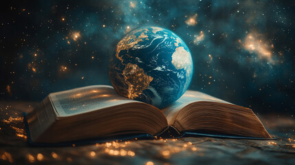 Earth globe resting on an open book, symbolizing reading, imagination, and global education. World map and stars in blurred background evoke learning, knowledge, and discovery.

