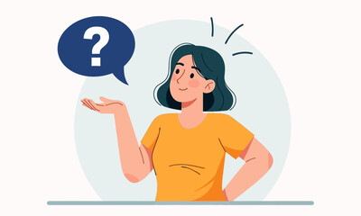 Confused Woman with Question Mark Speech Bubble. woman looking perplexed with a question mark in a speech bubble above her, symbolizing confusion, inquiry, or uncertainty