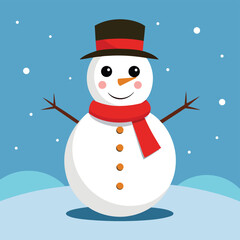 Cartoon Snowman with Hat and Scarf in Winter Landscape Illustration