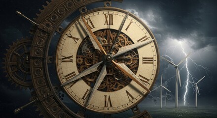 Obraz premium Steampunk clock overlooks stormy wind farm