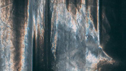 Aged foil. Distressed texture. Blue orange white color curve line dust scratches uneven static...
