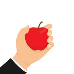 Hand holding fresh red apple with brown stem. Vector illustration for themes related to health, nutrition or educational purposes