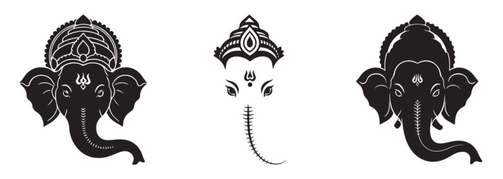 Elegant black and white line art illustrations of the hindu god ganesha