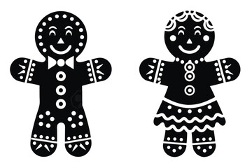 Gingerbread Couple Black and White Silhouette Illustration for Christmas Holiday