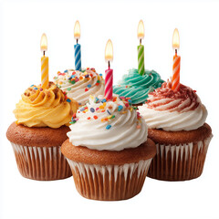 Colorful Birthday Cupcakes with Candles , isolated on white background png