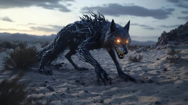 A menacing, wolf-like creature with glowing eyes and metallic, twisted fur prowls through a barren desert at dusk.