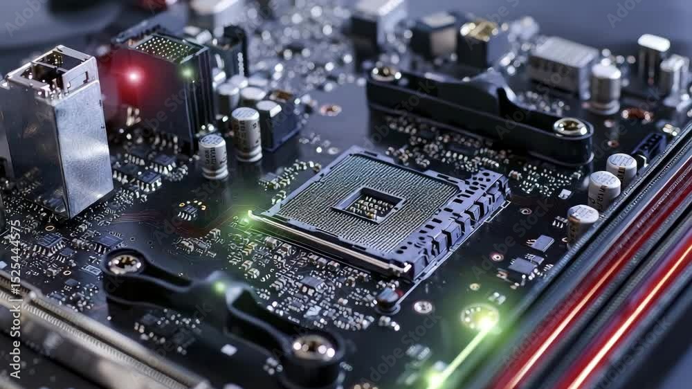 Poster A close-up view of a computer motherboard showing electronic components and illuminated LED indicators.