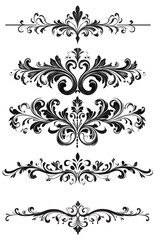 Decorative black floral borders in vintage style on white background  