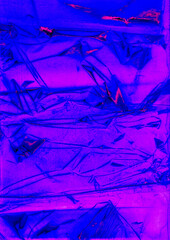 Glitch texture. Old film overlay. Neon blue purple color gradient glow dust scratches noise uneven surface on abstract background.