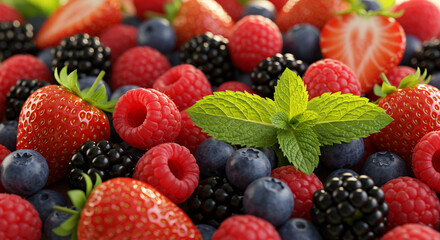 A close up view of fresh strawberries raspberries blueberries and blackberries with mint leaves 100c