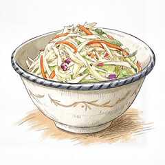Hand-drawn coleslaw in a vintage bowl in retro line art style for classic recipe illustration or nostalgic menu design

