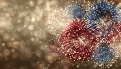 Red White Blue Fireworks Display with Gold Bokeh Background