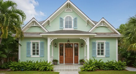 Fototapeta premium Symmetrical Pastel Green Key West Cottage House